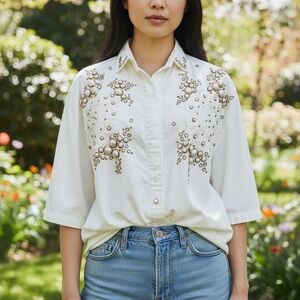 Cache Embellished Pearl Button-Front Shirt - White Size L